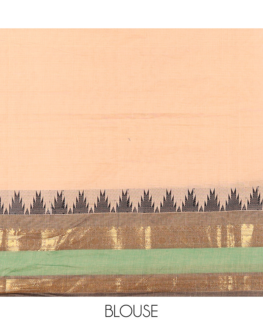 Ivory-Black Chettinad Cotton Half-Saree Featuring a Plain Skirt, Highlighted with a Contrast Traditional Zari Rettai Pettu Temple Border, a Subtly Woven Matching Blouse, and a Vichitra Silk Contrast Traditional Zari-Bordered Dhavani