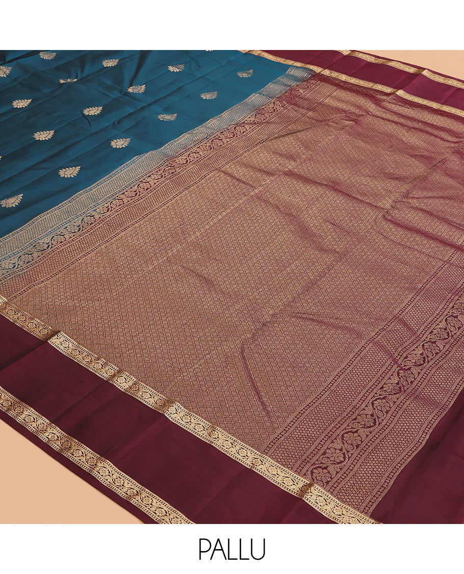 Blue Vasundhara Lite Silk Mix Saree, Adorned with Zari Buttas, a Contrast Rettai Pettu Border, Jaal Pallu, and Contrast Blouse