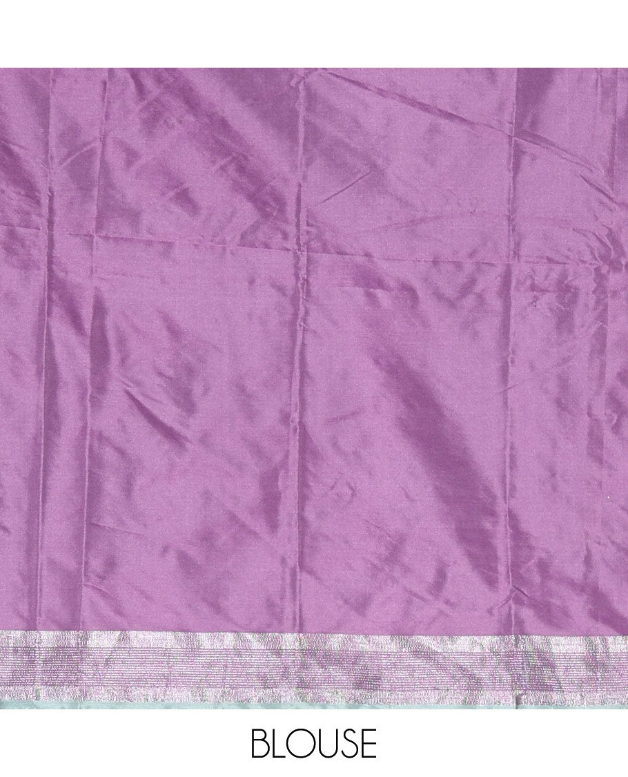 Steel grey and lavender half-saree with buttas with contrast traditional bordered taffeta silk skirt, a matching blouse, and a contrast bordered syska georgette dhavani