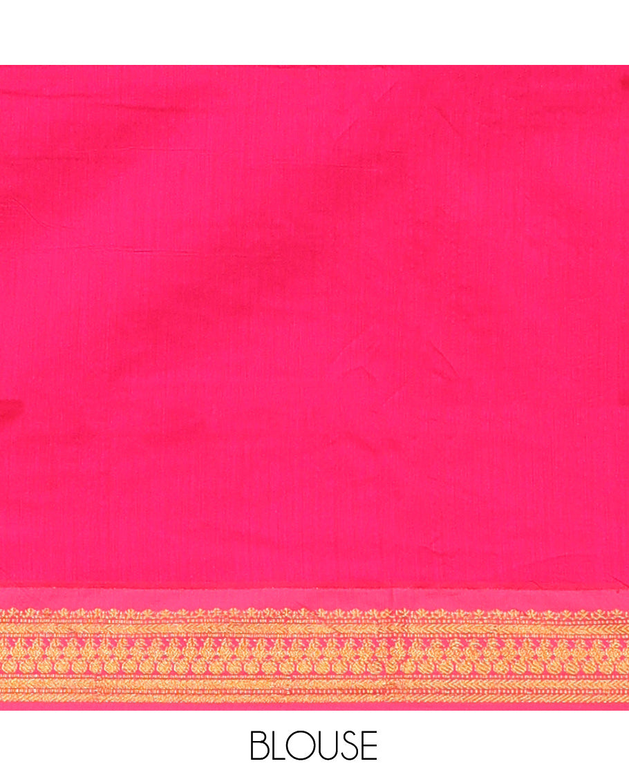 Yellow Kalyani Cotton Saree, Woven with Thread Buttas, Complemented by a Contrast Traditional Border, Traditional Pallu, and a Contrast Blouse