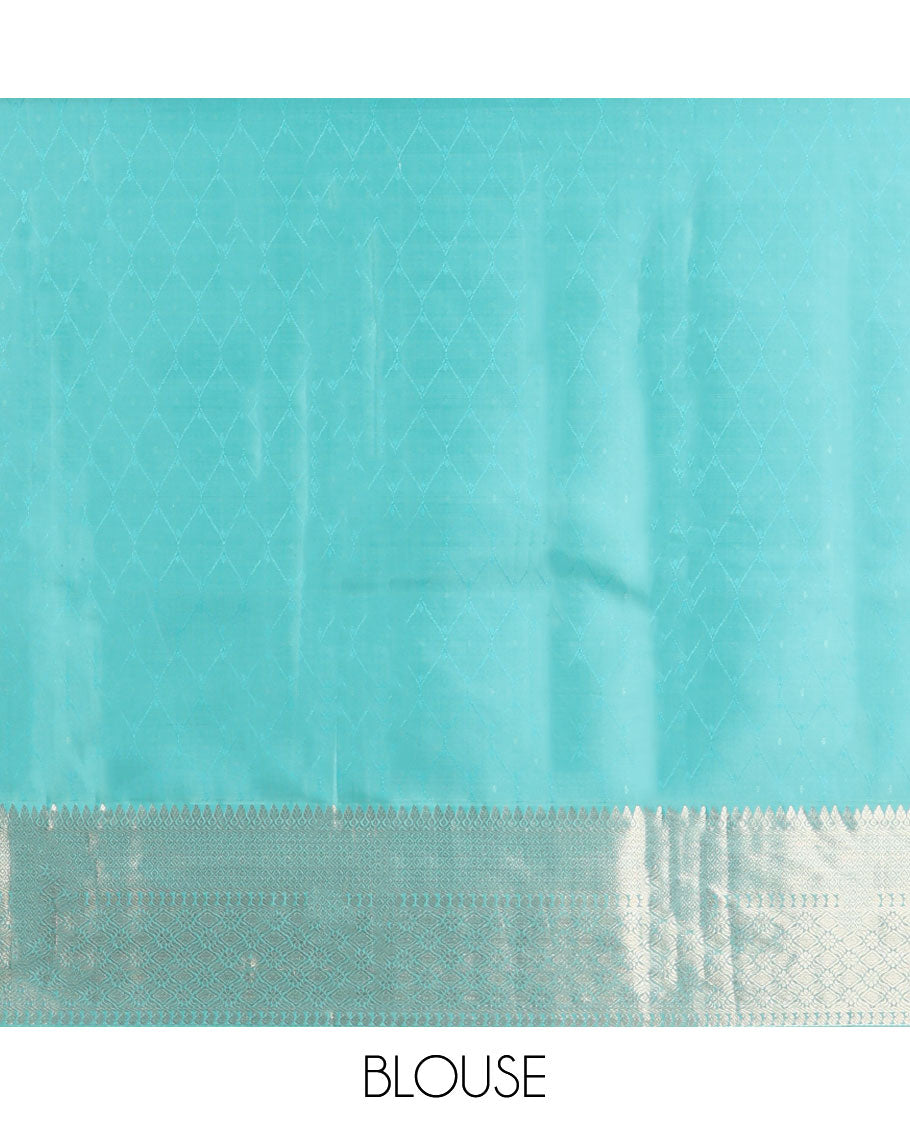 Sea blue leaf design kancheepuram silk saree with self floral design border & geometric design pallu