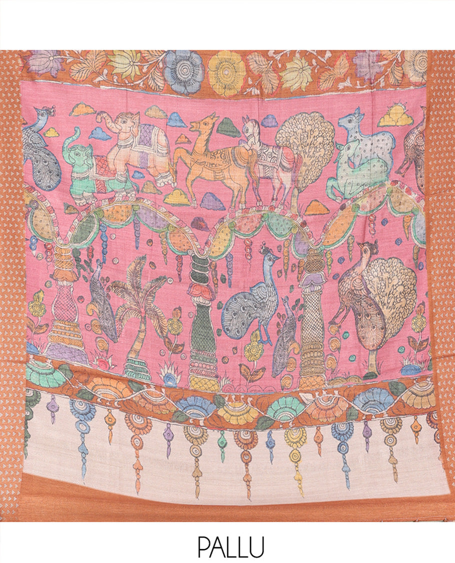 Green Plain Fancy Tussar Saree, Complemented by a Contrast Triangle Motif Border, Kalamkari Flora-Fauna Printed Pallu, and a Contrast Blouse