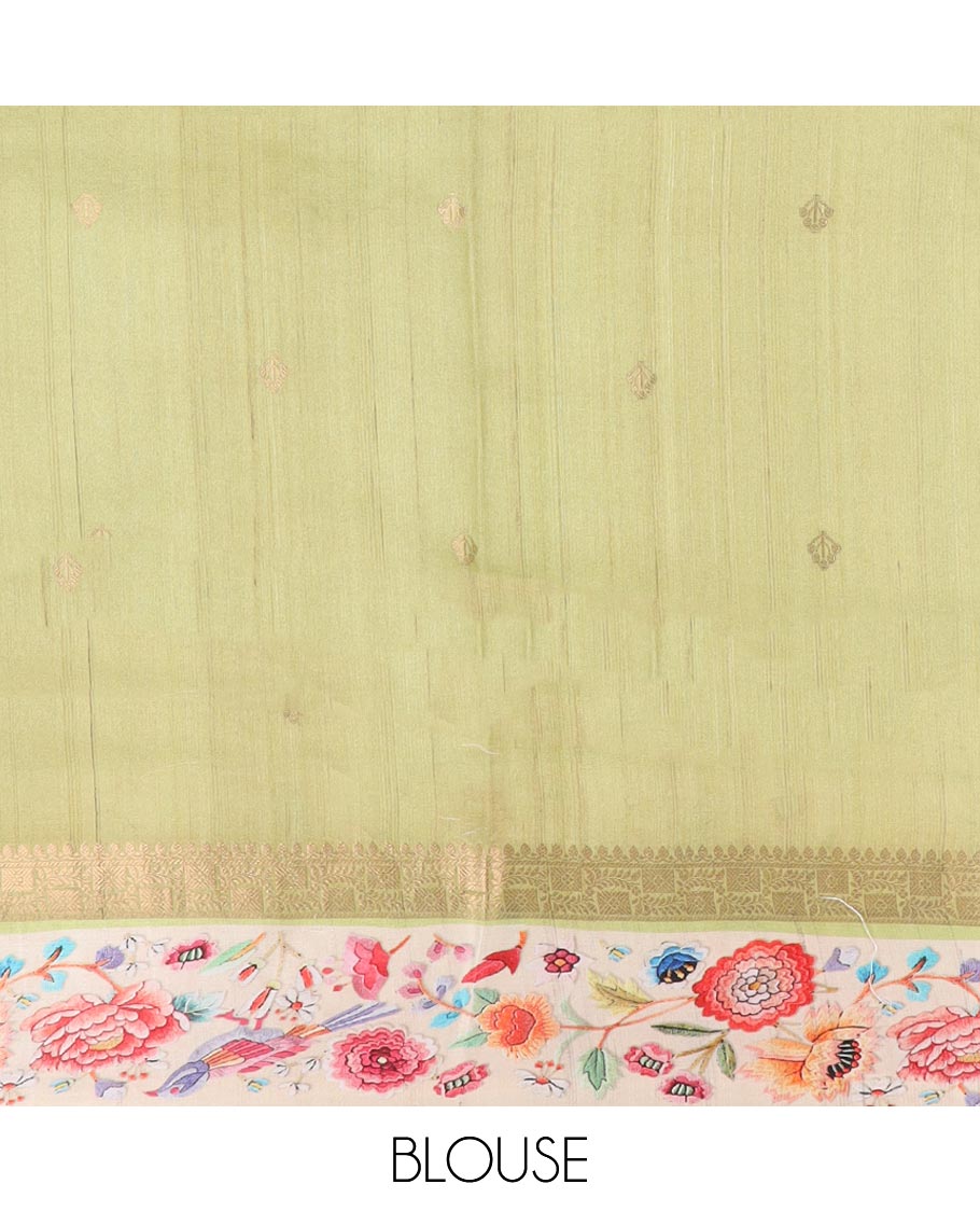 Green motifs, abstract design tussar saree with contrast floral design border & checked design pallu