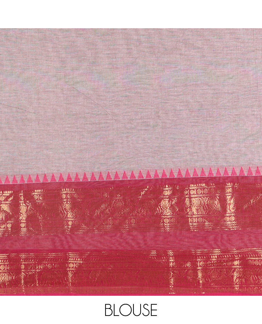 Steel Grey-Rani Pink Chettinad Cotton Half-Saree Featuring a Plain Skirt, Highlighted with a Contrast Peacock-Elephant Motifs Woven Rettai Pettu Zari Border, a Subtly Woven Matching Blouse, and a Vichitra Silk Contrast Traditional Zari-Bordered Dhavani