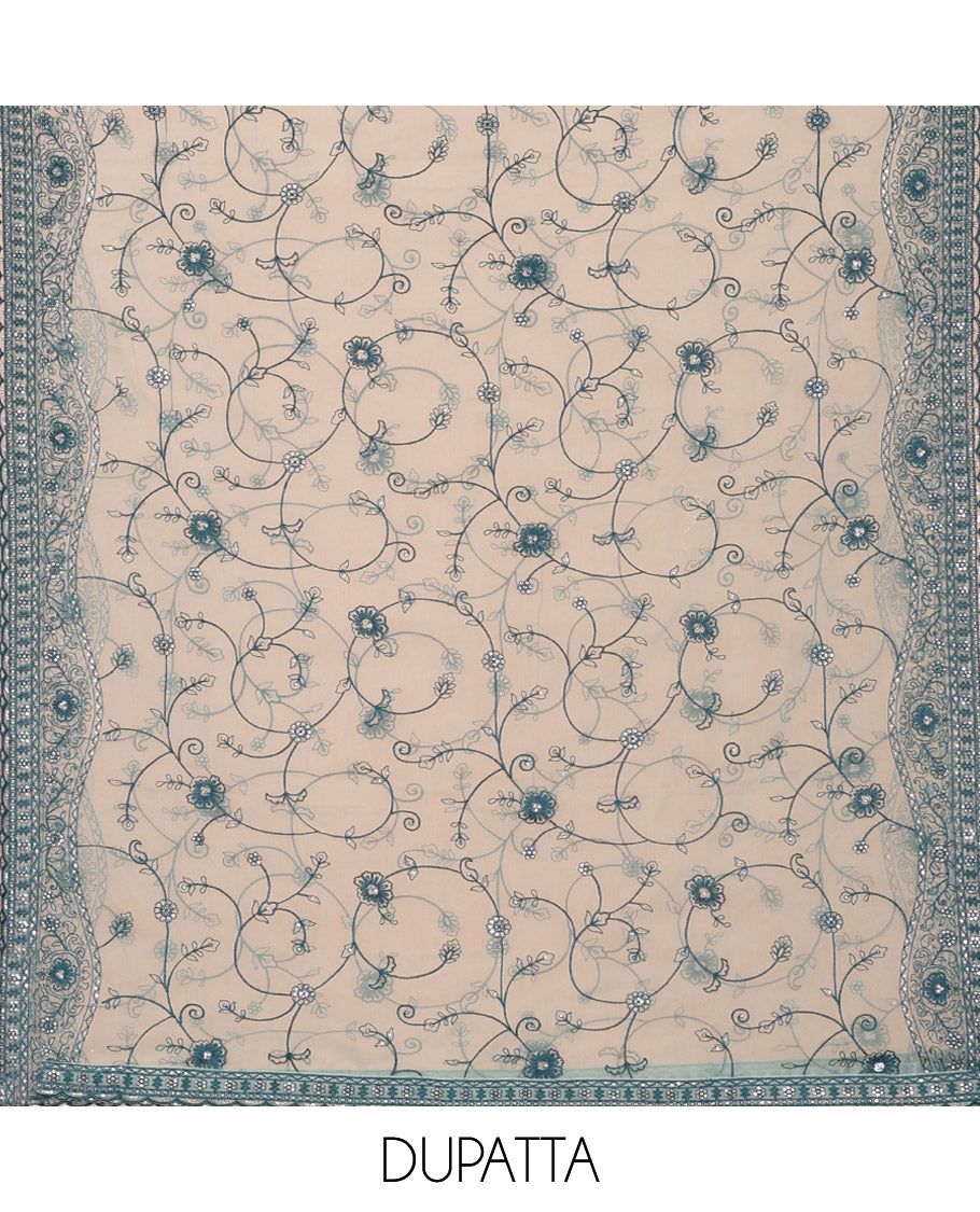 Green Material Chudidar Set Adorned with Embroidered Organza Chiffon Top, Subtly Made Plain Santoon Bottom, and a Organza Dupatta Featuring Floral Jaal Embroidery