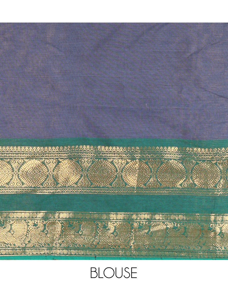 Steel Blue-Green Chettinad Cotton Half-Saree, Plain Contrast Annam-Chakram Zari Bordered Skirt, Matching Blouse, and a Contrast Dhavani