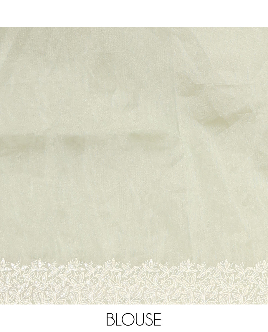 Pale Green Plain Organza Saree, a Subtle Scallop Floral-Embroidered Border, and Matching Blouse