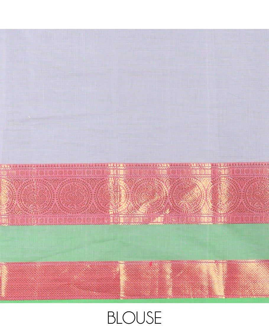Grey and Rani Chettinad Cotton Half-Saree Featuring Plain Skirt, Adorned with a Contrast Traditional Zari Design Rettai Pettu Border of Peacock Designs, Paired with a Matching Blouse, and Contrast Satin Georgette Dhavani with Zari Border