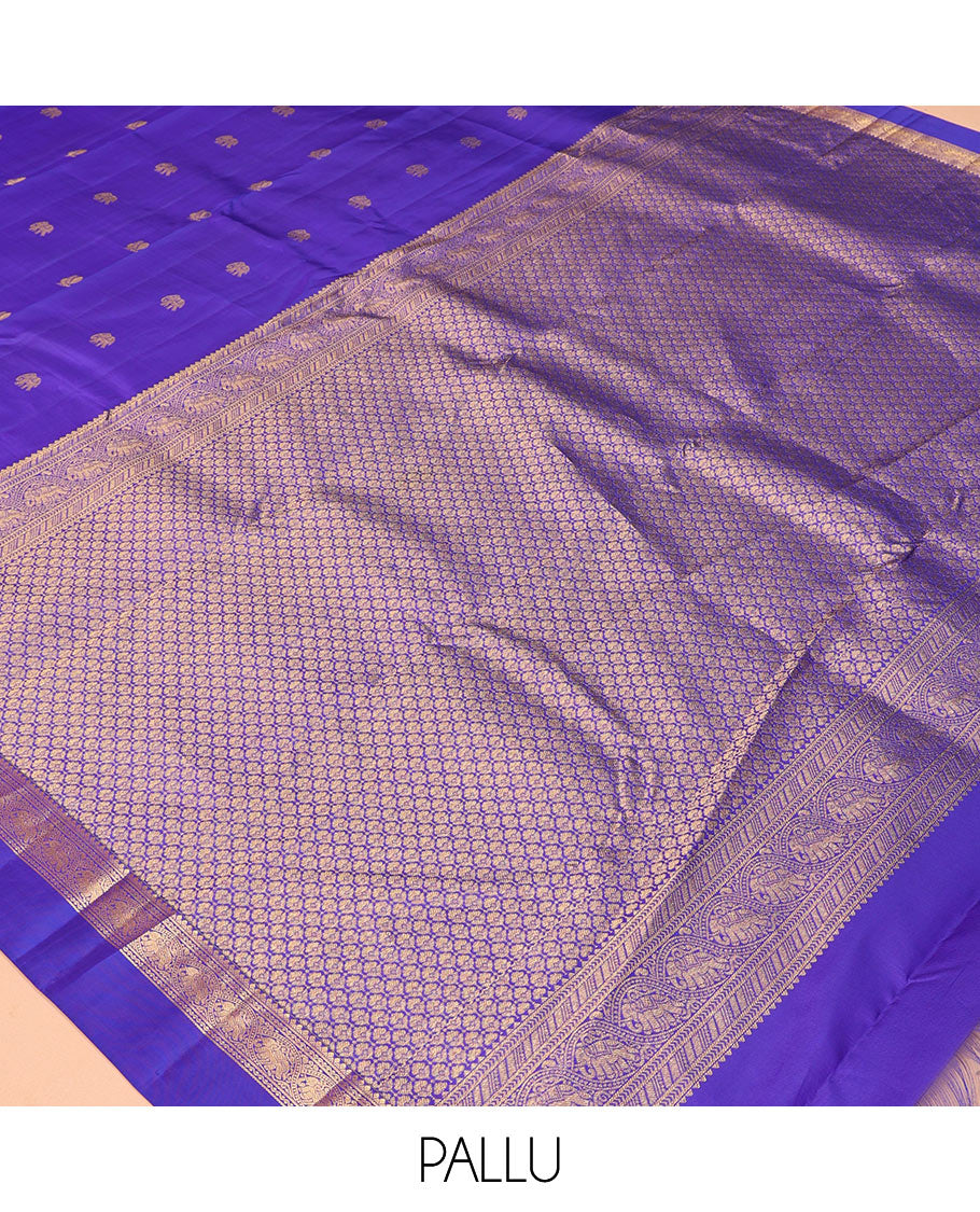 Violet Vasundhara Silk Saree, Elevated with Mayil and Yaanai Buttas, a Kal Eragina Border of Yaanai, and Neli Designs, Richly Woven Pallu, and a Matching Blouse
