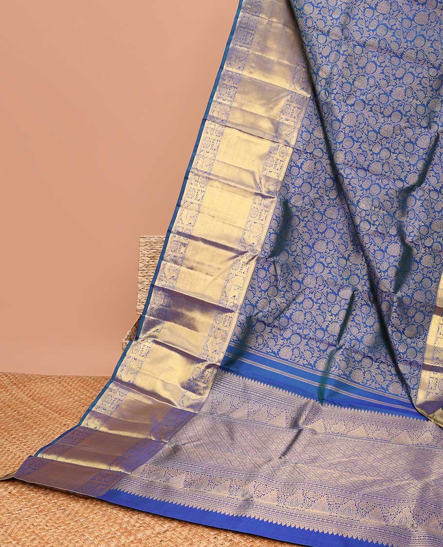 Blue floral jacquard samudrika silk saree with contrast intricate zari design border & floral zari design pallu