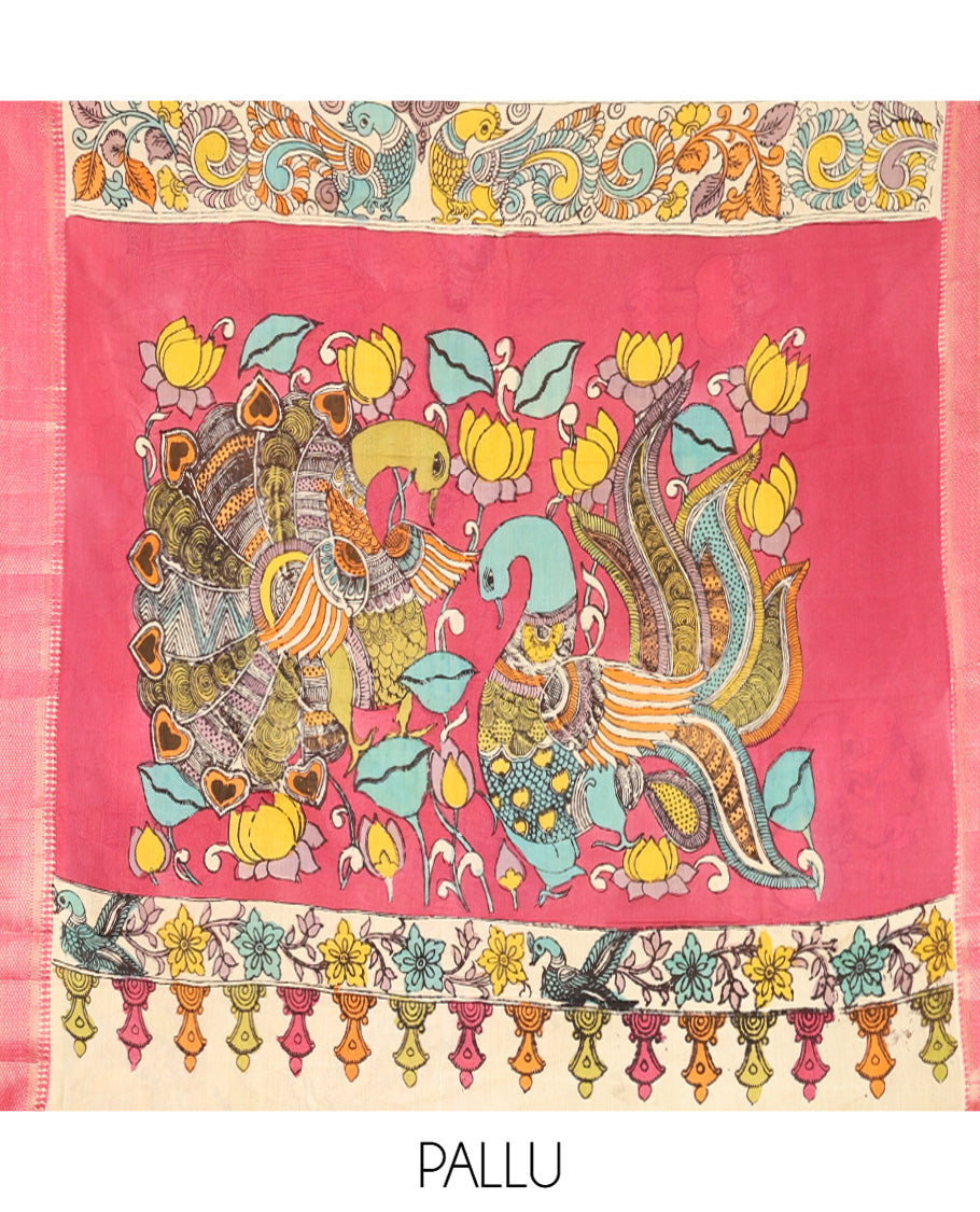 Green Kalamkari Silk Saree, Subtly Enriched with Pichwai Cow and Human Figurines, a Contrast Traditional Border, Peacock Pallu, and a Contrast Blouse