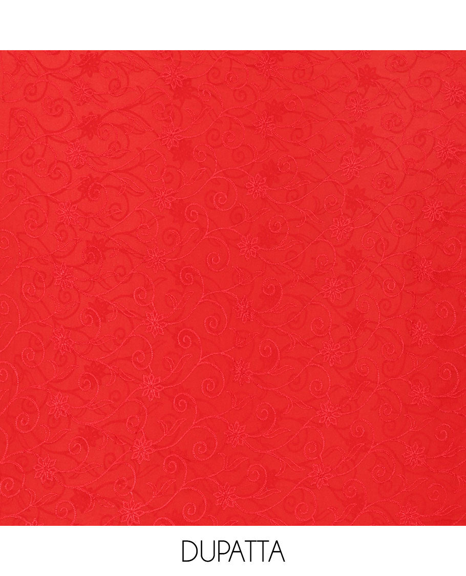 Red Material Chudidar Set Elevated with Phulkari-Style Floral Embroidery and Floral Print Rayon Top, Subtly Made Plain Rayon Bottom, and a Chiffon Georgette Dupatta of Floral Theme Designs