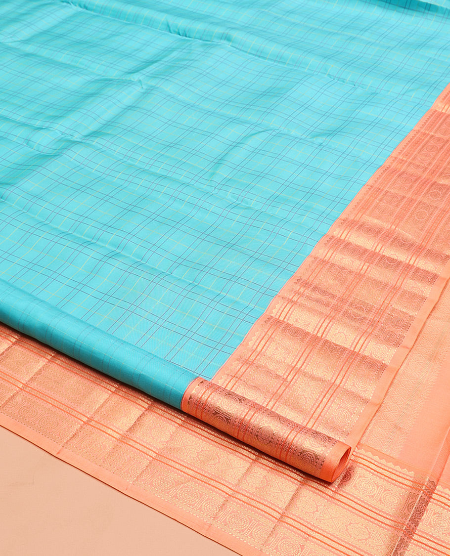Blue Vasundhara Silk Saree, Woven with Checks, Contrast Border of Rekku, Chakram, and Jada Nagam Designs, Grand Pallu, and a Contrast Blouse