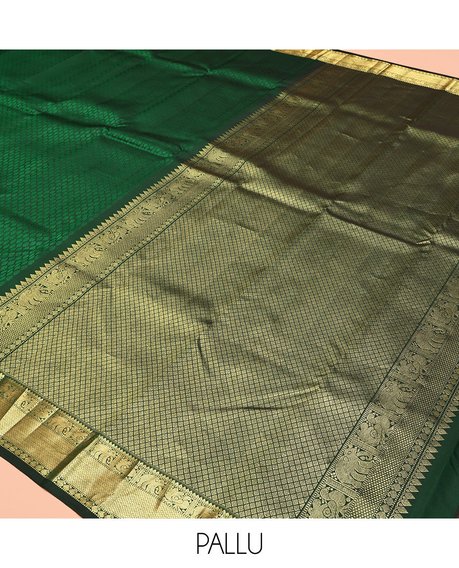 Green Embossed Parampara Silk Saree, Elevated with Zari Border of Thilakam, Mayil, Yaanai, Mayil Kann, and Manga Designs, Grand Jaal Pallu and Paired with a Matching Blouse