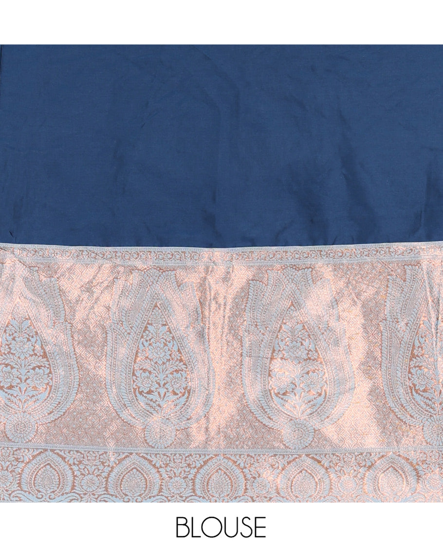 Blue Semi-Banaras Half-Saree, Plain Contrast Intricate-Bordered Skirt, Matching Blouse, Contrast Dhavani