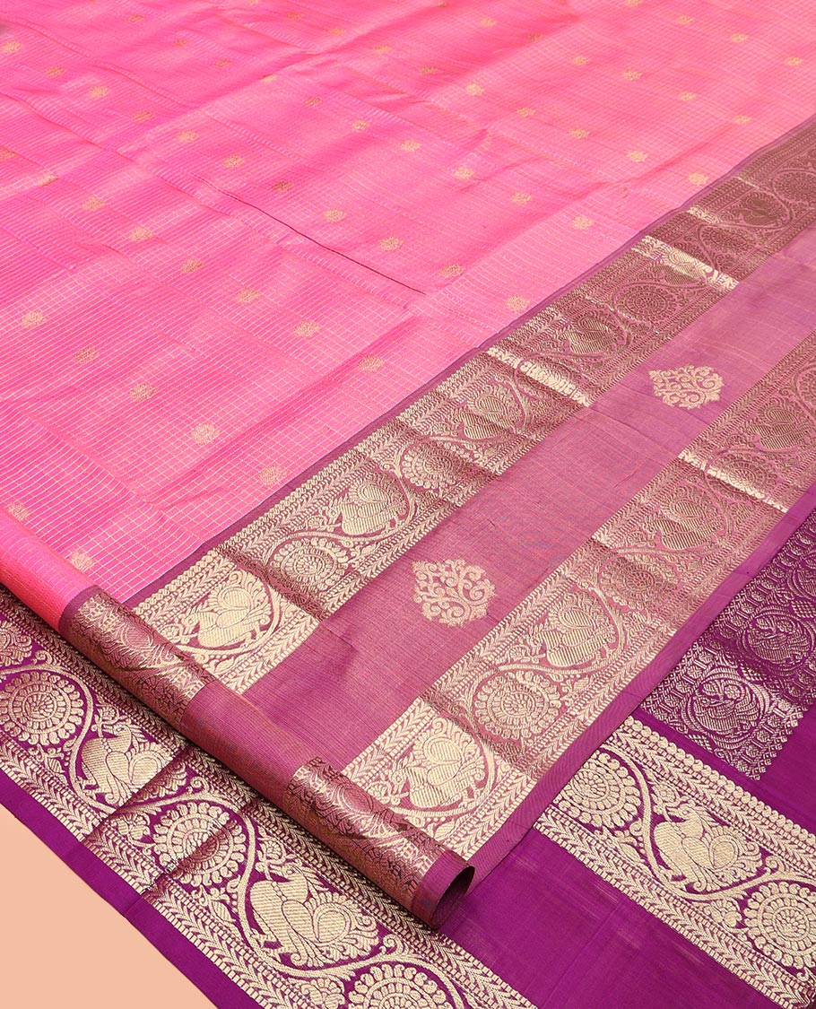 Pink Zari Buttas-Checks Venkatagiri Silk Saree, Contrast Traditional Border, Peacock Pallu, Contrast Blouse
