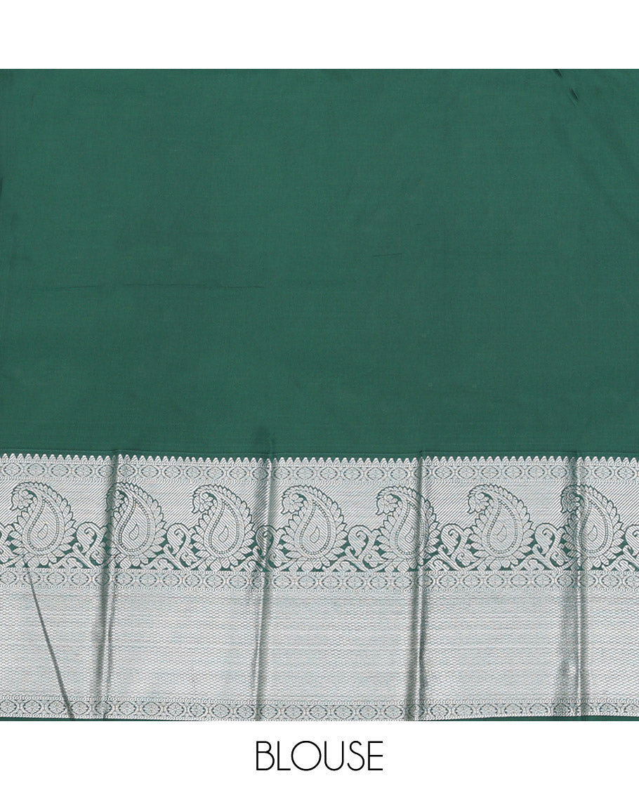 Peach Budget Silk Saree, Elevated with Zari Buttas on Its Body, Complemented by a Contrast Traditional Zari Border of Paisley Designs, Grand Jaal Pallu, and Paired with a Contrast Blouse