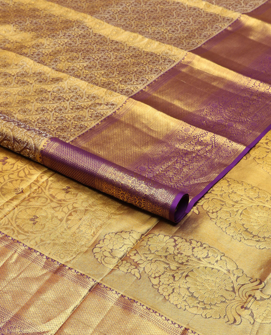Purple floral design kancheepuram tissue silk saree with self border of thilakam mokku, kathir, banaras, mayil kann design & zari design pallu