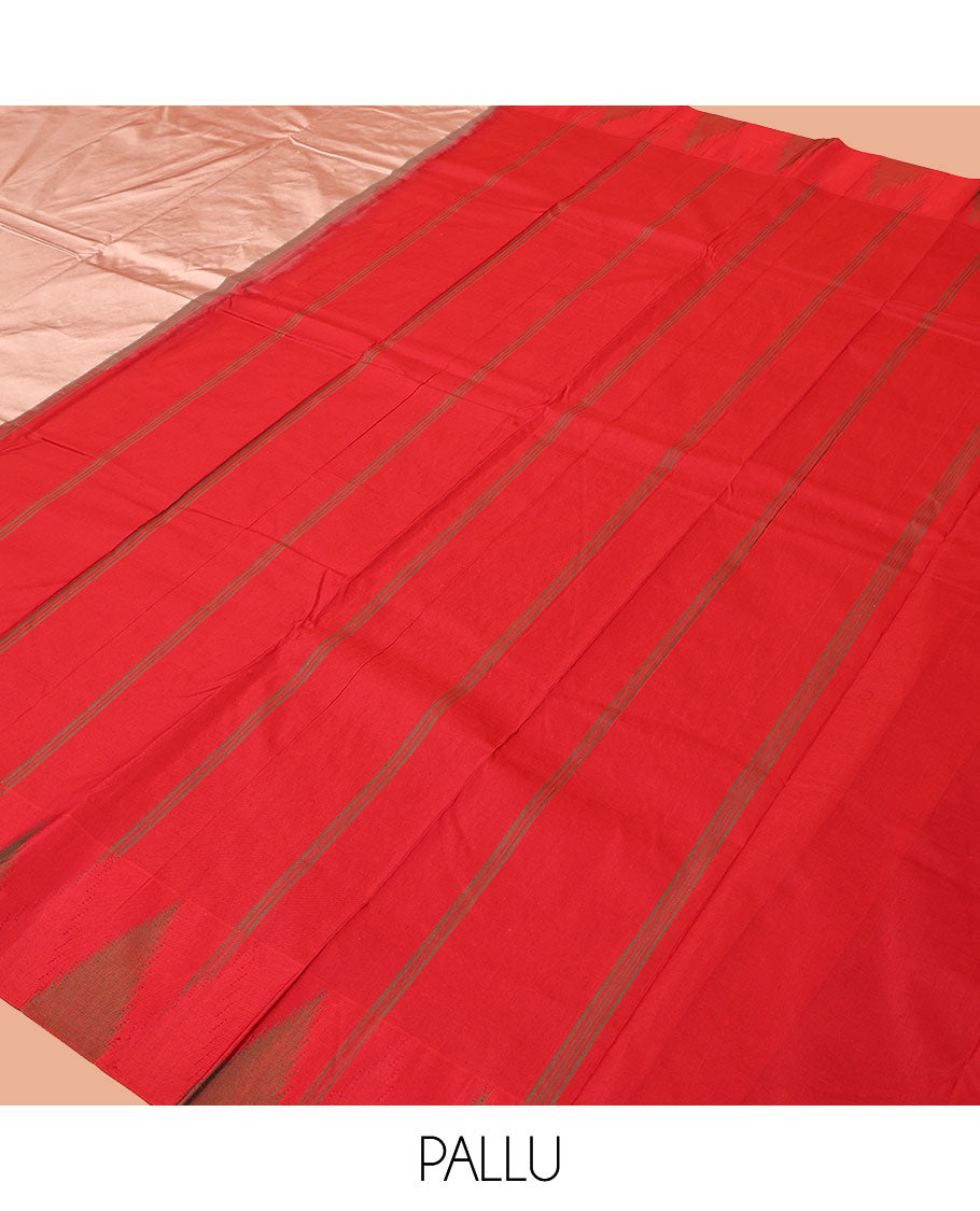 Pink Plain Bangalore Silk Saree, Complemented by a Contrast Temple Border, Pallu of Stripes, and a Contrast Blouse