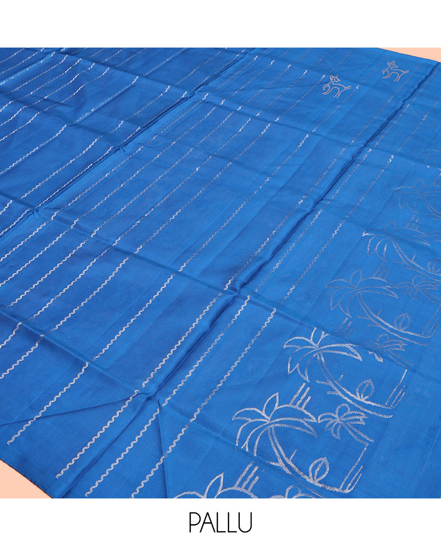 Borderless Blue Mayuri Soft Silk Saree, Adorned with Zig-Zag Stripes and Deer Buttas, a Pallu of Coconut Tree Designs, and a Matching Blouse