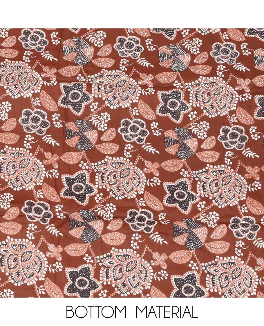 Dark Brown Material Chudidar Set, Adorned with Intricate Designs and Thread Work Cotton Top, a Floral Printed Cotton Bottom, and Paired with an Intricately Printed Cotton Dupatta