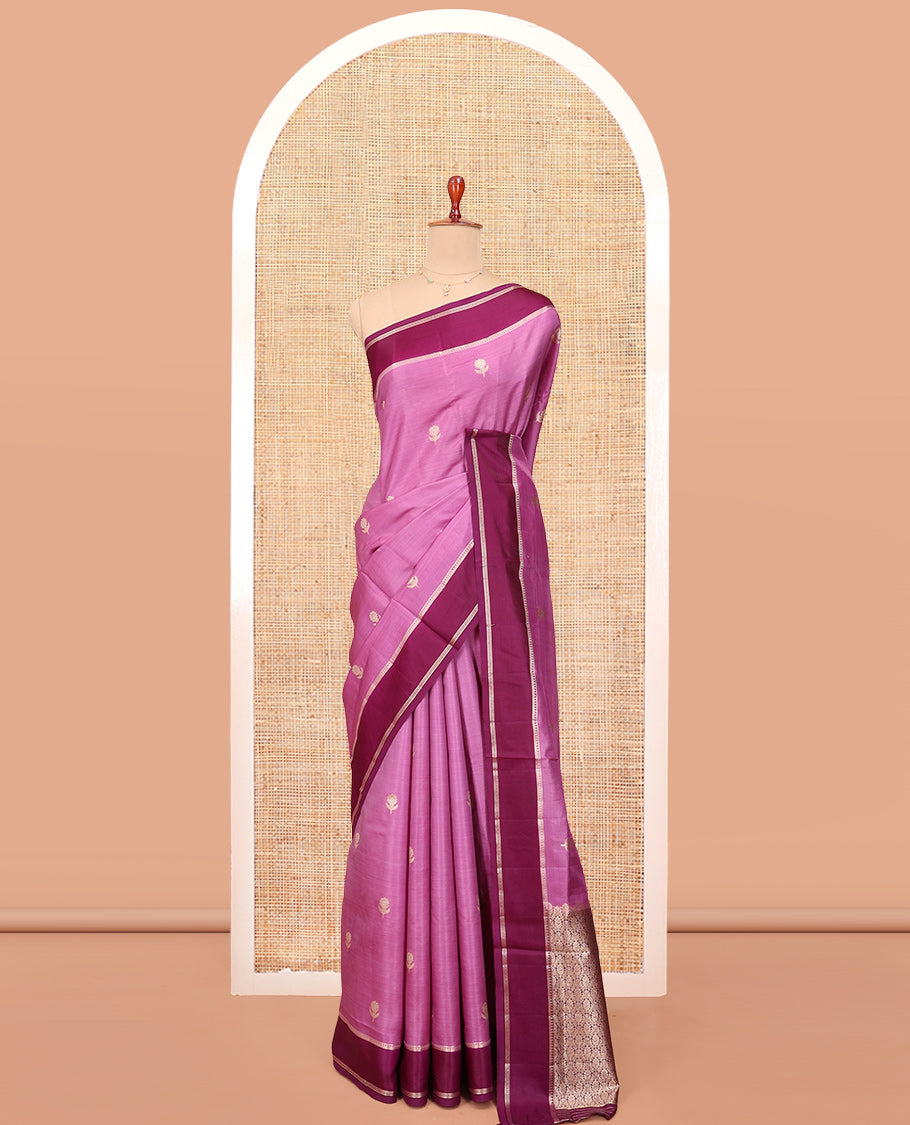 Pink Satin Silk Saree, Beautified with Floral Buttas All Over Its Body, Complemented by a Contrast Rettai Pettu Traditional Zari Border, Beautifully Zari Bedecked Pallu, and Paired with a Contrast Blouse