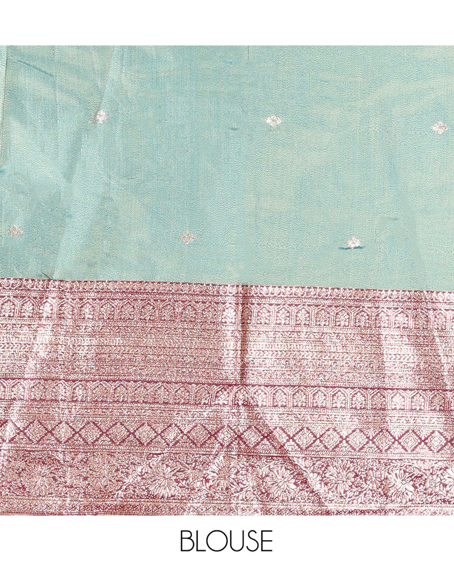 Firozi Green-Magenta Banarasi Silk Half-Saree Featuring Buttas Skirt, Contrast Traditional Border, Matching Blouse, Syska Georgette Embroidery Dhavani