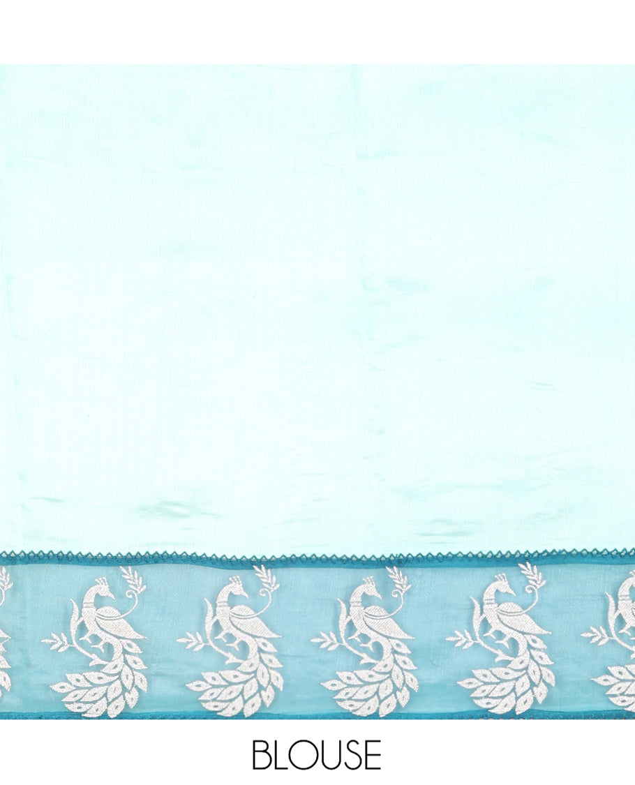 Blue Tissue Saree, Majestically Detailed with Checks and Floral Embroidery, a Contrast Peacock Border, Matching Blouse