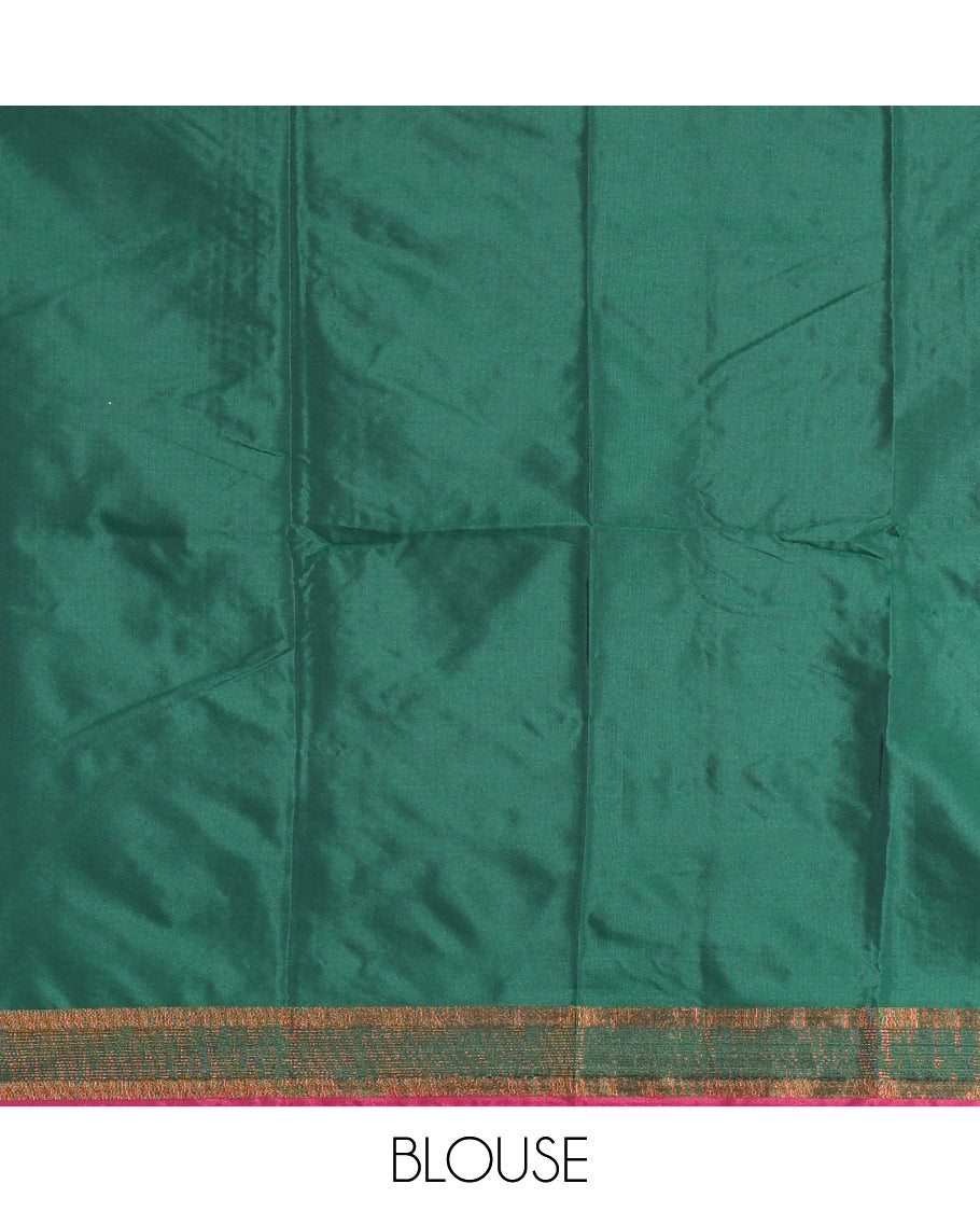 Pink and green half-saree, peacock butta with contrast bordered taffeta silk skirt, a plain blouse, and a contrast bordered syska georgette dhavani