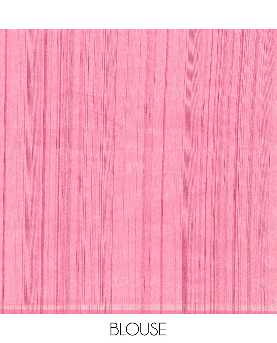 Pink Tussar Silk Saree Features Stripes and Floral Embroidery, a Scallop-Embroidered Border, and a Matching Blouse