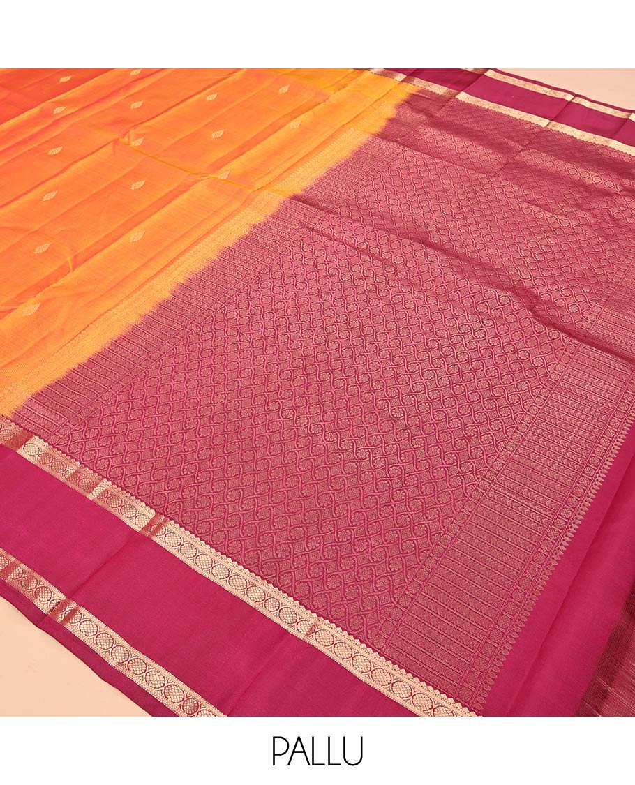 Orange Vasundhara Silk Saree, Woven with Buttas, Contrast Rettai Pettu Border of Thilakam Mokku, and Laddu Kamalam Designs, Rich Pallu, and Contrast Blouse