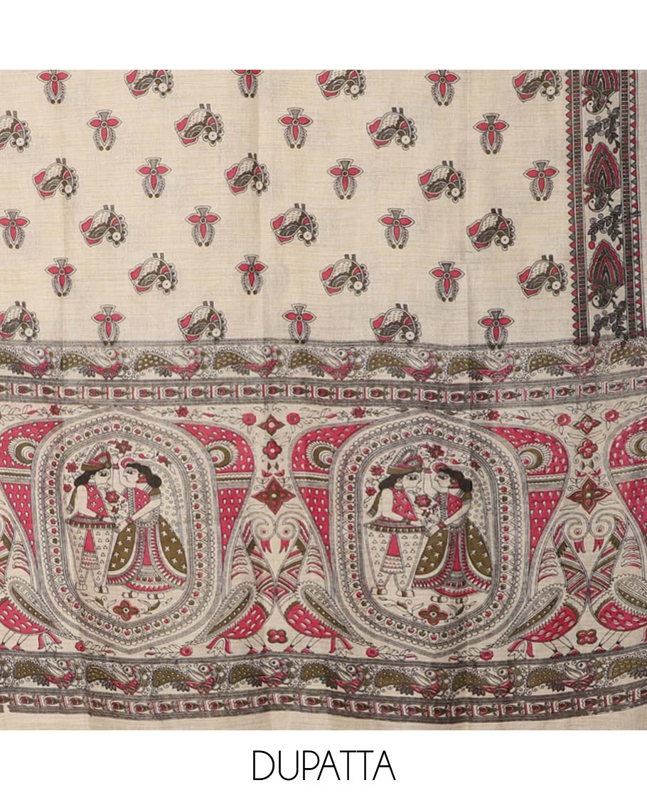 Rani pink madhubani print design bhagalapur cotton chudidhar material top with cotton material daman madhubani ptint pants & madhubani printed dupatta