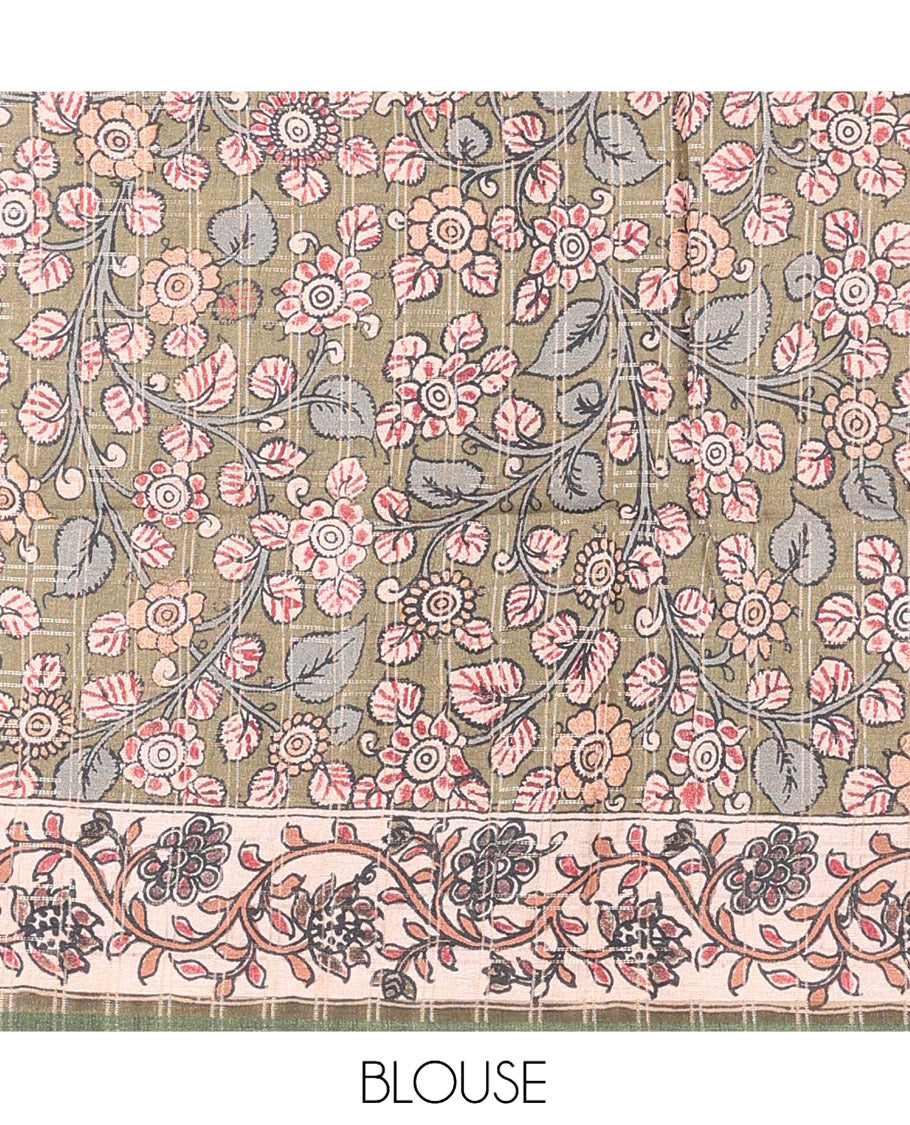 Wine Fancy Tussar Silk Saree, Adorned with Checked Design, Contrast Piping Zari Border, Pallu of Kalamkari Peacock Motifs, and Contrast Kalamkari Printed Blouse