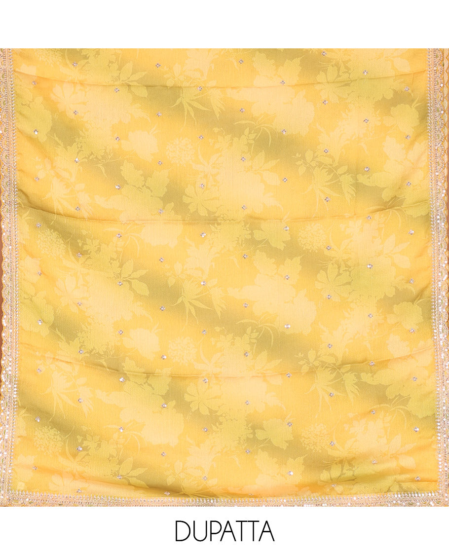 Yellow Material Chudidar Set Beautified with Intricately Embroidered Muga Silk Top, Subtly Made Plain Santoon Bottom, and a Bemberg Chiffon Dupatta Featuring Floral Printed, and Embroidery