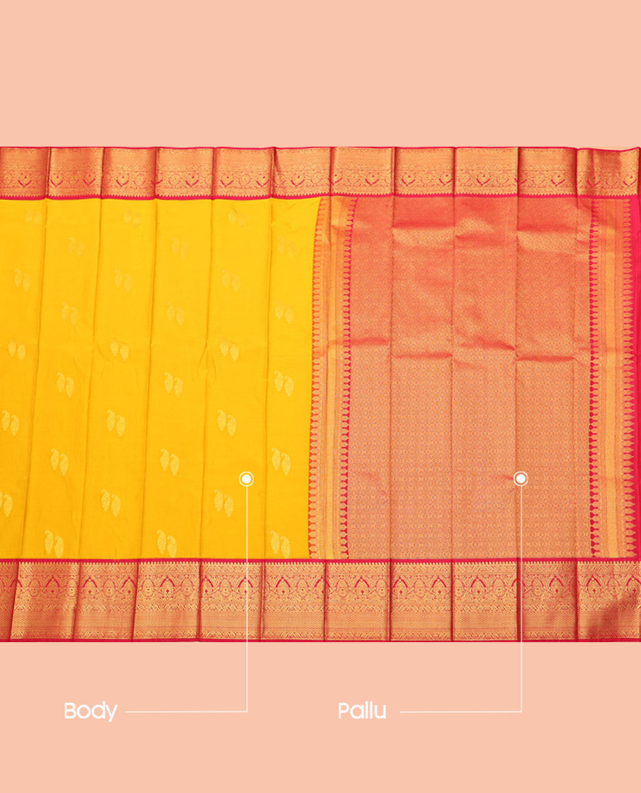 Yellow Budget Silk Saree, Subtly Sparkled with Zari Buttas, Complemented by a Contrast Traditional Zari Border, Jaal Pallu, and a Contrast Blouse