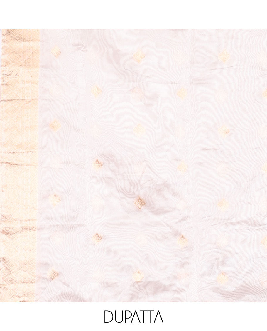 Cream chudidhar matrial vichitra silk neck zari border with bum bum work , santoon material pants & organza banarasi zari border, zari buttas dupatta