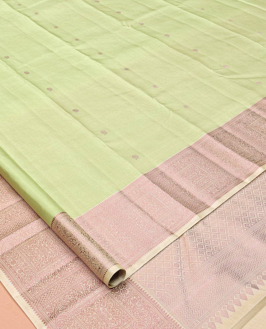Green Mayil-Chakra Buttas Kanchipuram Silk Saree, a Contrast Border, Jaal Pallu, Matching Blouse