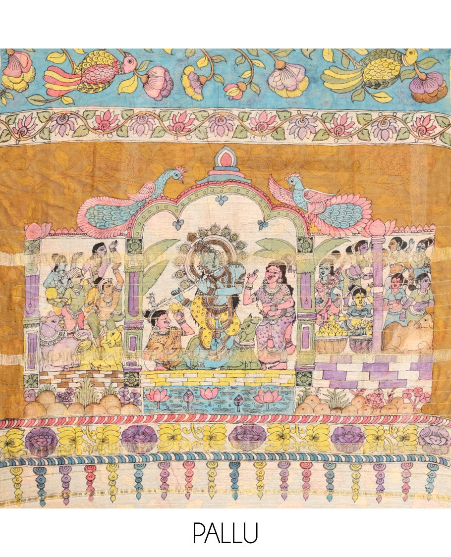 Blue Floral-Bird Pen Kalamkari Silk Saree, a Contrast Border, Lord Krishna-Disciple Pallu, Contrast Blouse