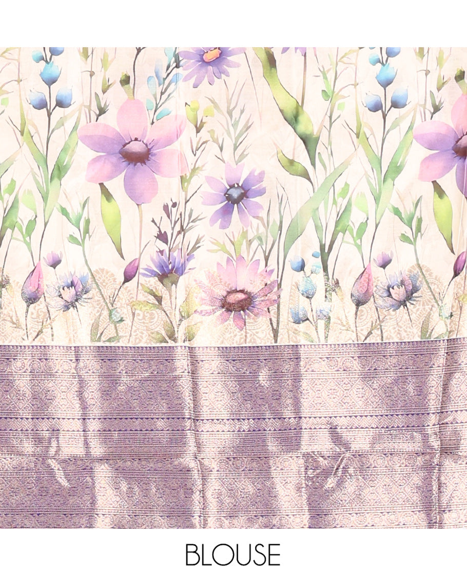 Cream-Violet Semi-Silk Half-Saree Features Floral Printed Skirt, Contrast Border, Matching Blouse, Floral Printed Dhavani