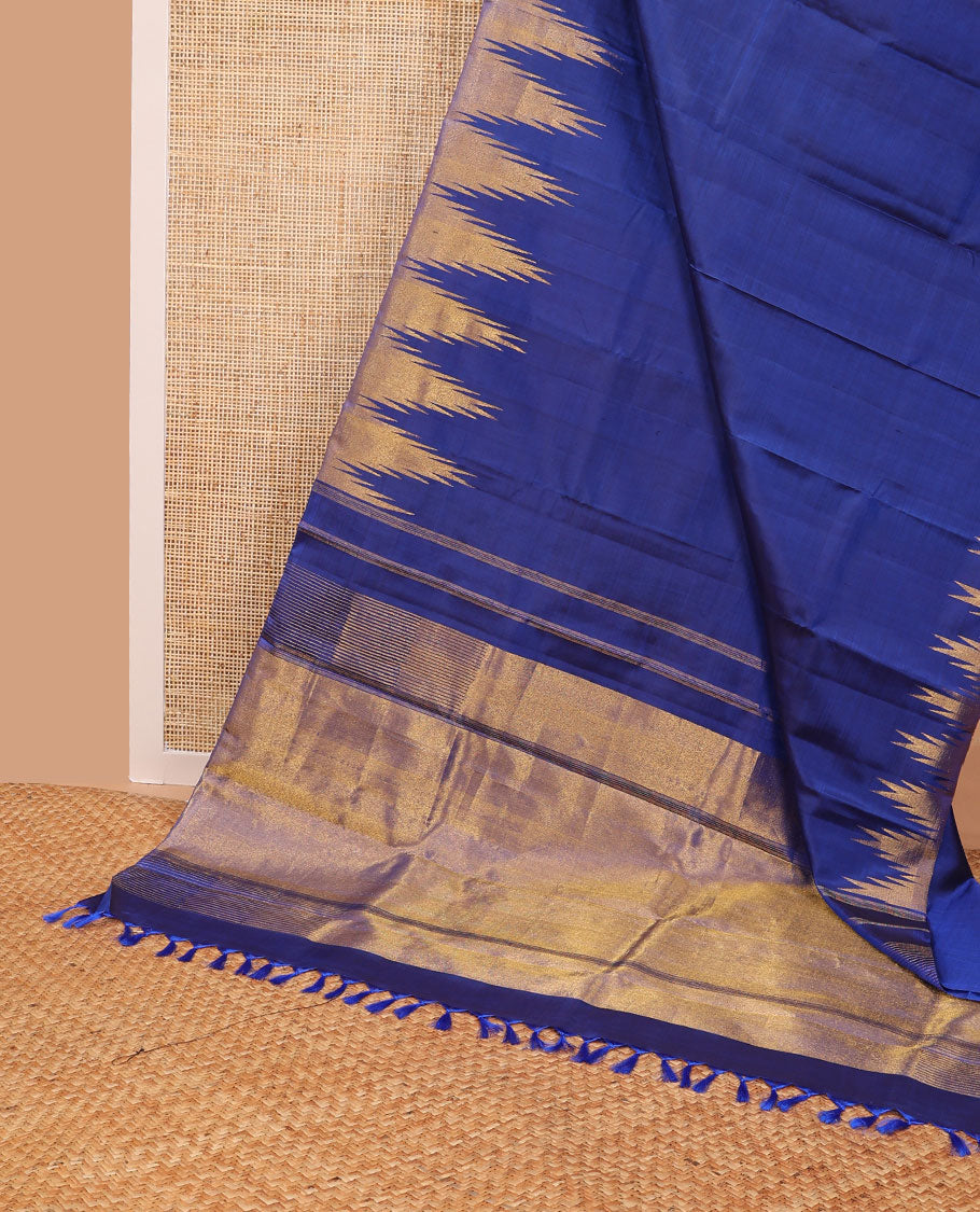 Blue kancheepuram silk saree with self temple border & striped pallu