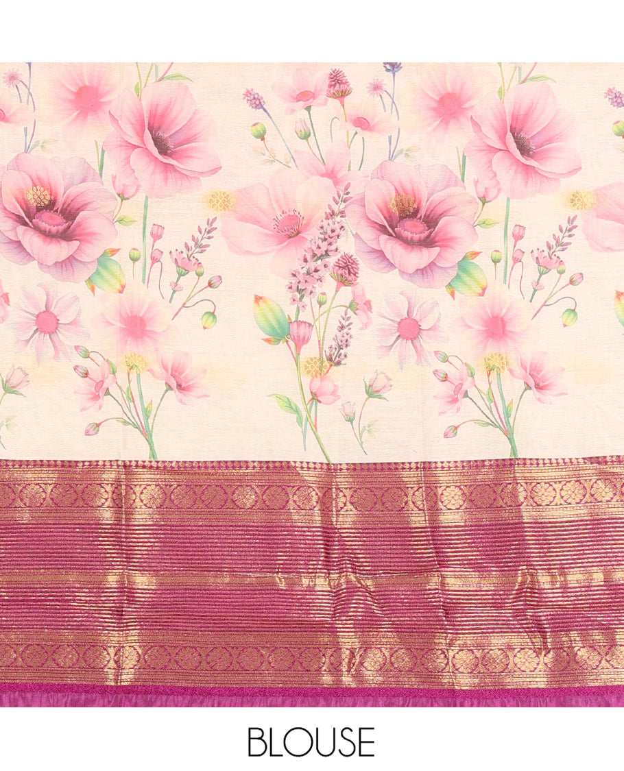 Cream-Magenta Semi-Silk Half-Saree Features a Floral-Printed Skirt, a Contrast Traditional Border, a Matching Blouse, a Floral Dhavani