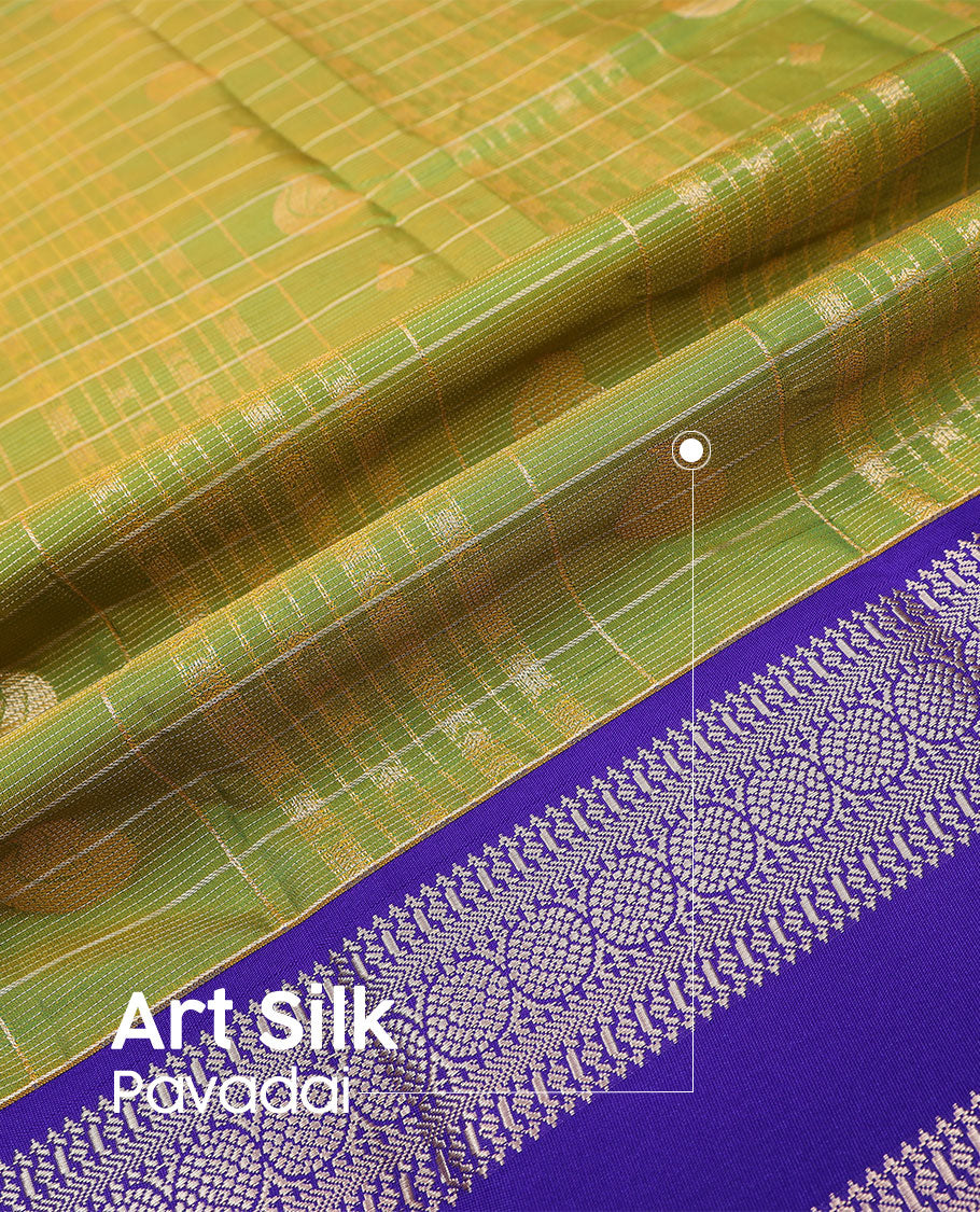 Leaf green art silk material pavadai set, zari design weave pavadai, contrast blouse & rettai pettu traditional zari border