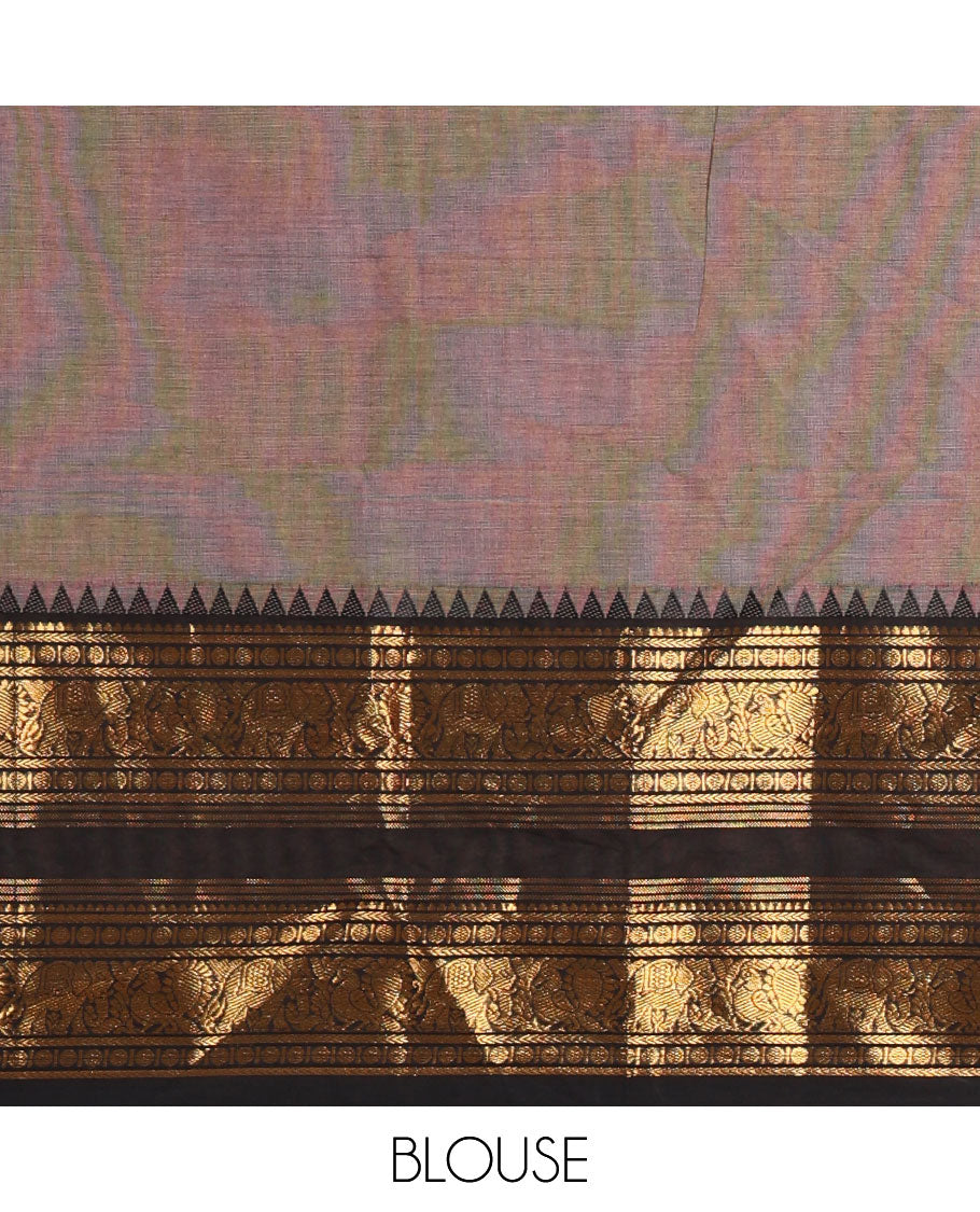 Grey-black sungudi cotton half-saree, plain with contrast traditional zari varisai pettu bordered skirt, a matching blouse, and a zari bordered dhavani