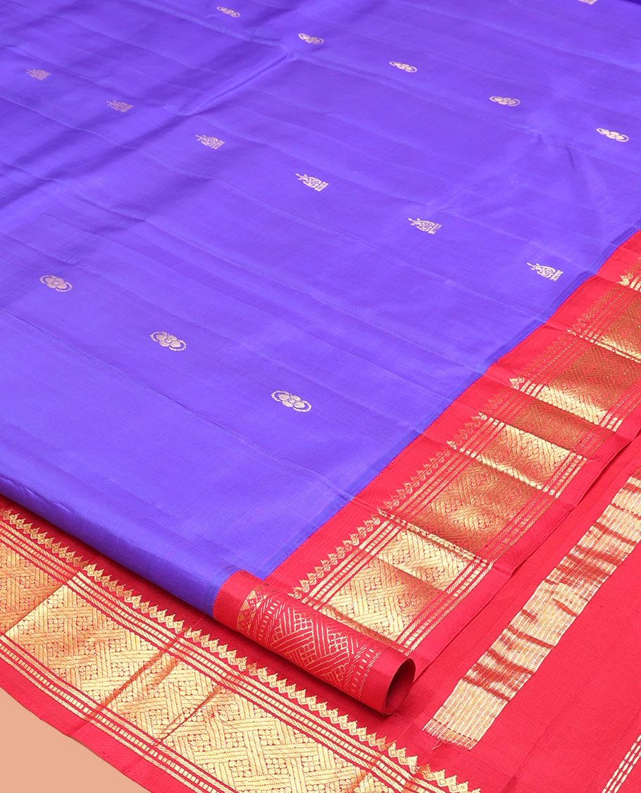 Violet Kanchipuram Silk Saree, Woven with Zari Buttas, a Contrast One-Sided Korvai Border of Salngai, Banaras, Muthu, and Geometric Designs, Zari Design Pallu, and No Blouse