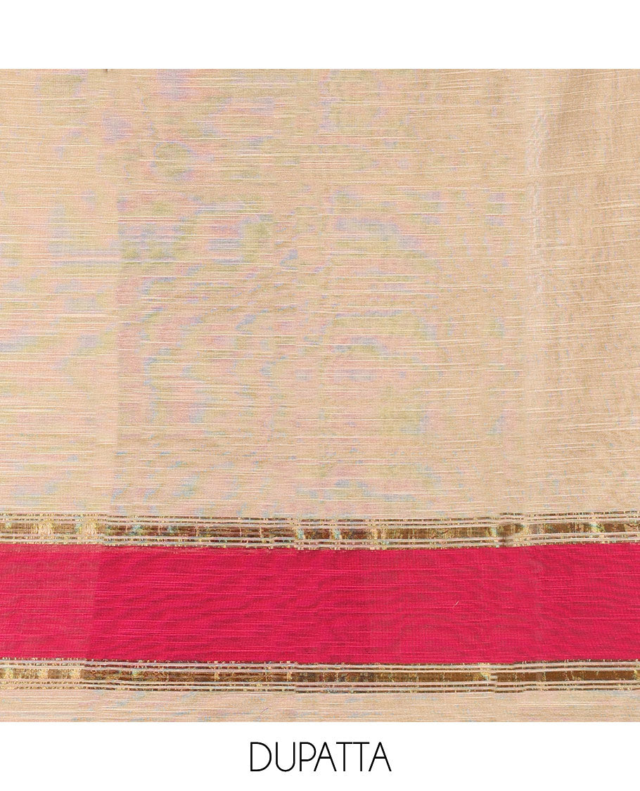 Majenta Material Chudidar Set, Adorned with Zari Checks All Over Its Semi-Silk Top, Comes with a Subtle Plain Bottom, and a Contrast Semi-Silk Dupatta of Zari Border and Tassels