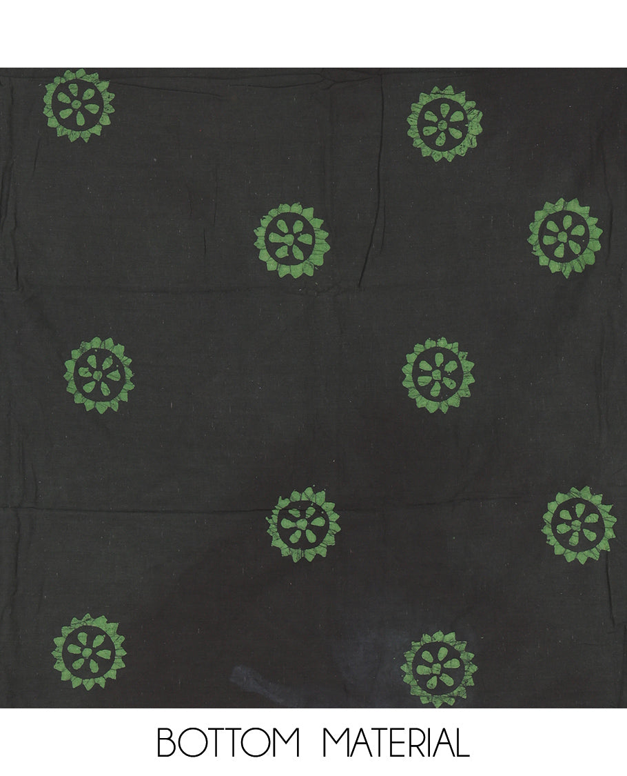 Black-Green Cotton Material Churidar Set, Paisley Batik Printed Top, a Matching Bottom, a Batik Printed Dupatta