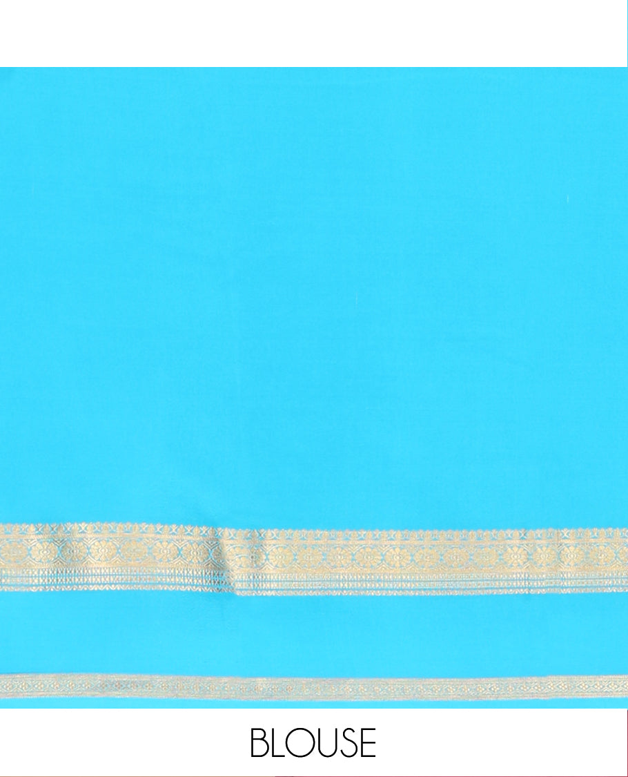 Green Plain Mysore Silk Saree, Complemented by Captivating Contrast Border of Traditional Zari Designs, Subtly Striped Pallu, and Paired with a Contrast Blouse