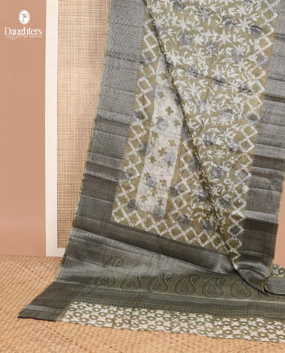 Beige tie and die style floral, geometric design tussar saree with contrast intricate zari design border & floral design pallu