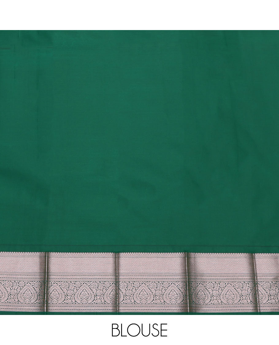Green Budget Silk Saree, Embellished with Micro-Buttas on Its Body, Complemented by a Contrast Traditional Zari Design Border, Grand Jaal Pallu, and Paired with a Contrast Blouse