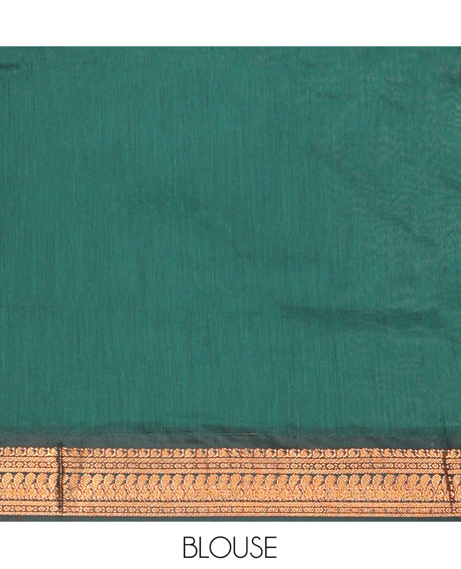 Green Kalyani Cotton Saree, Subtly Sparkled with Thread Buttas, a Contrast Traditional Zari Border, Grand Pallu, and a Contrast Blouse